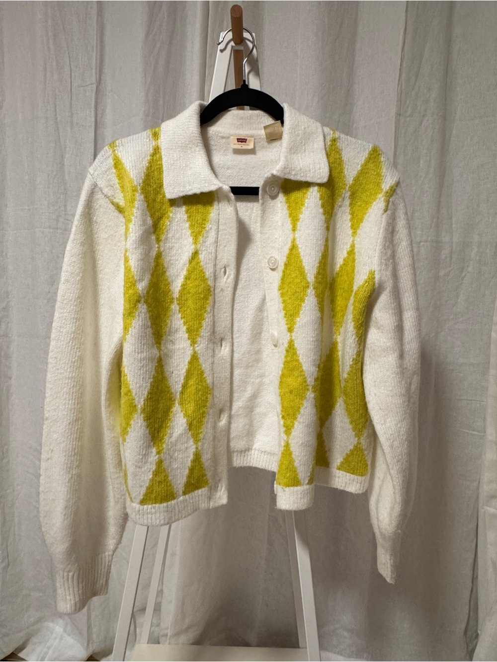 Levi's White and Yellow Diamond Argyle Cardigan Sweater
